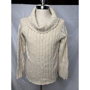 Jenne Maac Women's M Wool Sweater Tan Cowl Neck Open Cable Knit Beige